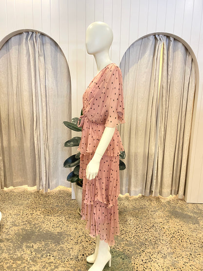 La Strada Pink Silk Blend Polka Dot Midi Dress - Size S