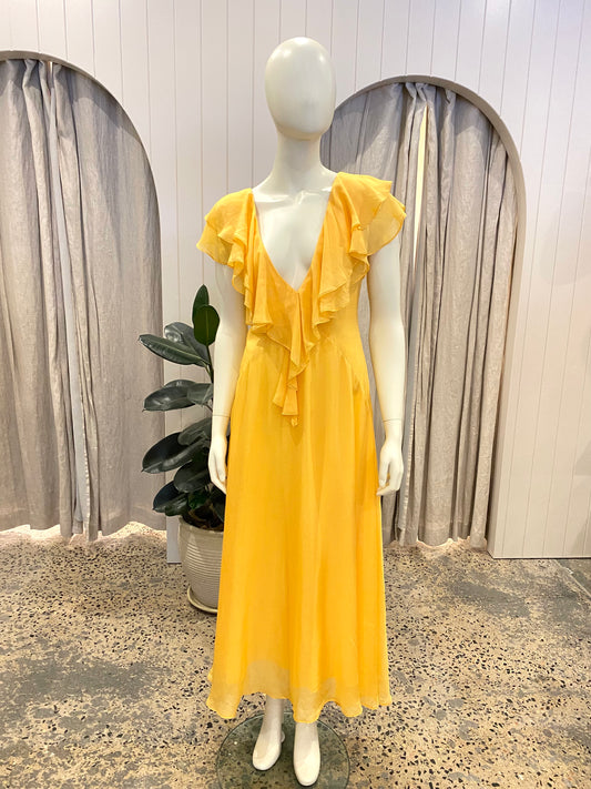 Leo Lin Orange Sunrise Ruffled Silk Chiffon Midi Dress - Size 8