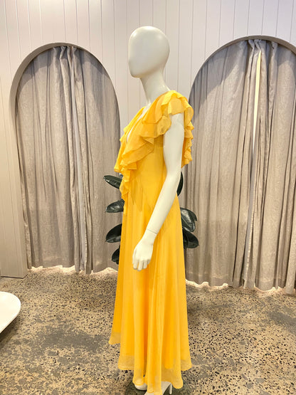 Leo Lin Orange Sunrise Ruffled Silk Chiffon Midi Dress - Size 8