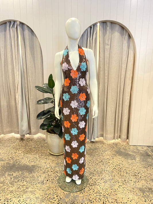 Nookie Floral Sequin Sienna Halter Gown - Size M