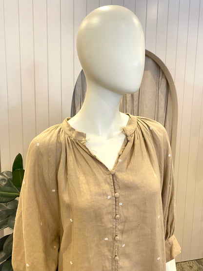 Zoe Kratzmann Beige Linen Midi Dress With White Daises - Size 1 (10/12)