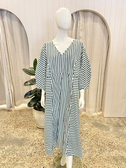KOWTOW Sculptured Long Sleeve Dress in Green/White Stripe - Size XL (16)