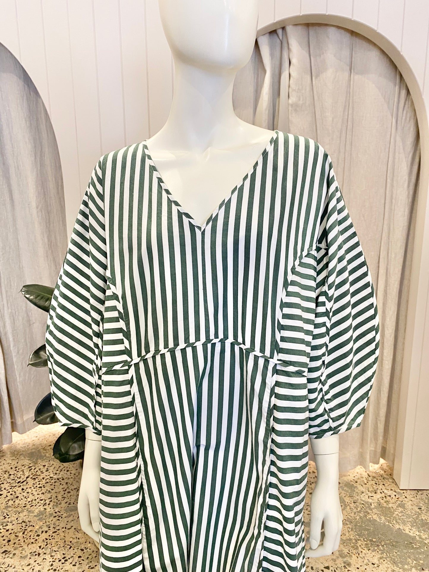 KOWTOW Sculptured Long Sleeve Dress in Green/White Stripe - Size XL (16)
