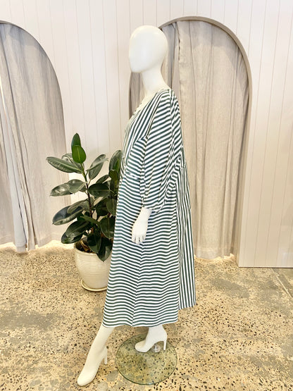 KOWTOW Sculptured Long Sleeve Dress in Green/White Stripe - Size XL (16)