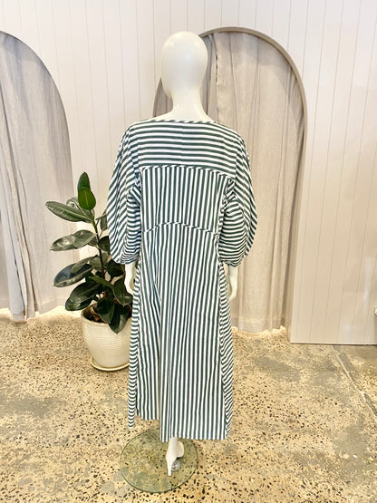 KOWTOW Sculptured Long Sleeve Dress in Green/White Stripe - Size XL (16)