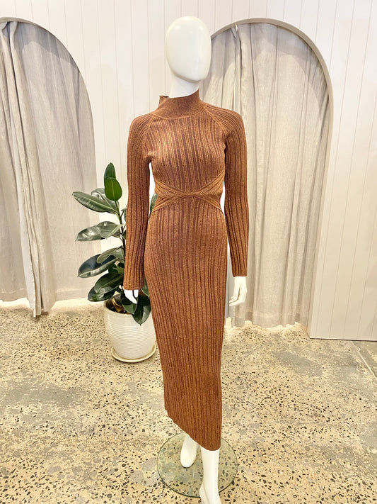 Shona Joy Brandy Brown Kamari Long Sleeve Cut Out Midi Dress - Size M (10/12)