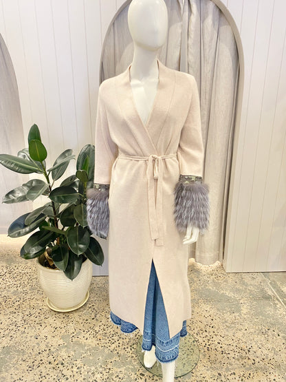 Wool Blend Knit Cardigan With Grey Faux Fur Cuffs - Size S (8-10)