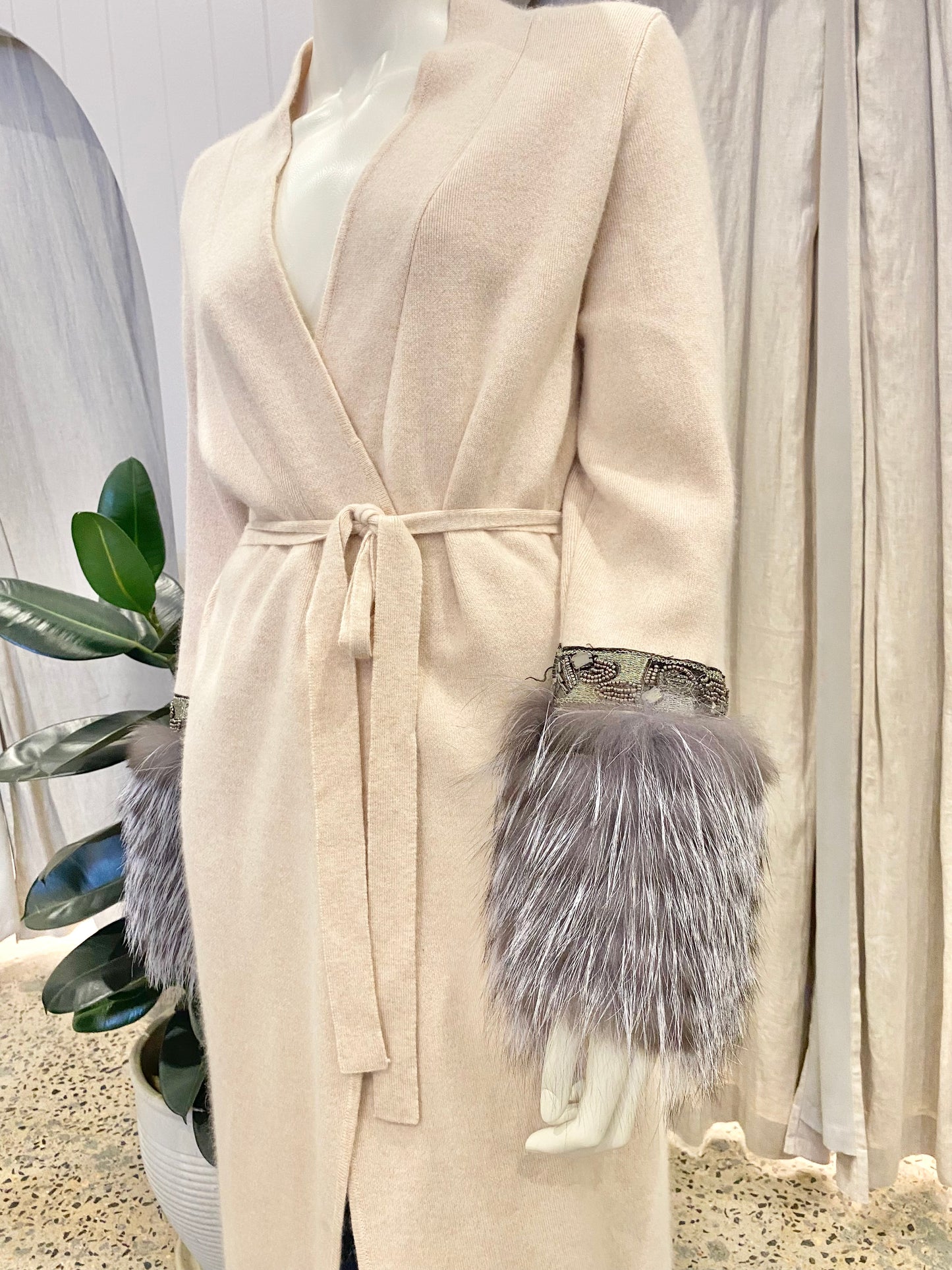 Wool Blend Knit Cardigan With Grey Faux Fur Cuffs - Size S (8-10)