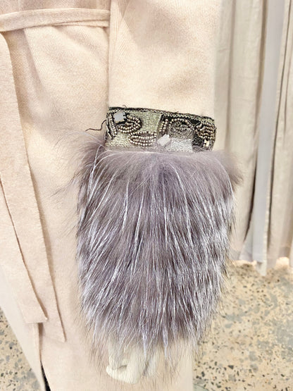 Wool Blend Knit Cardigan With Grey Faux Fur Cuffs - Size S (8-10)