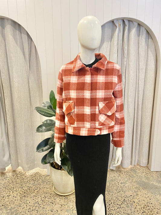 Kuwaii Berry Check Wool Blend Jacket - Size 8