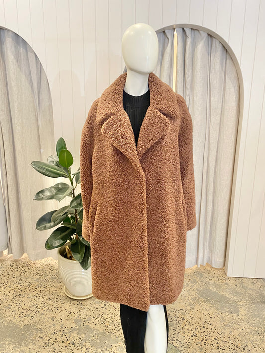 Ena Pelly Longline Teddy Jacket in Coco - Size 12