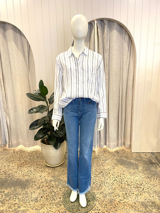 Country Road Deep Sage Stripe Linen Shirt BNWT - Size 12