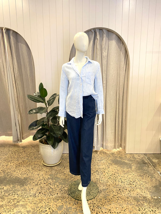 Country Road Blue and White Stripe Linen Shirt - Size 6
