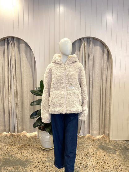 Ena Pelly 'Gracie' Faux Fur Hoodie Jacket in Cream - Size 12