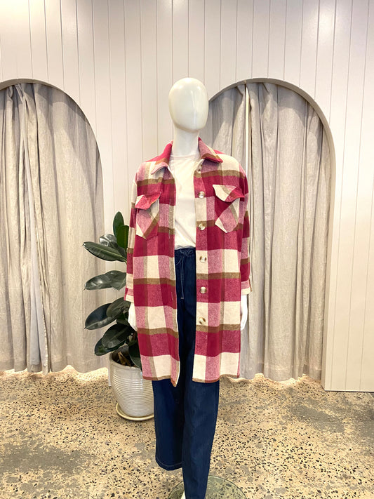 White Closet Long Shacket in Berry Check - Size 8