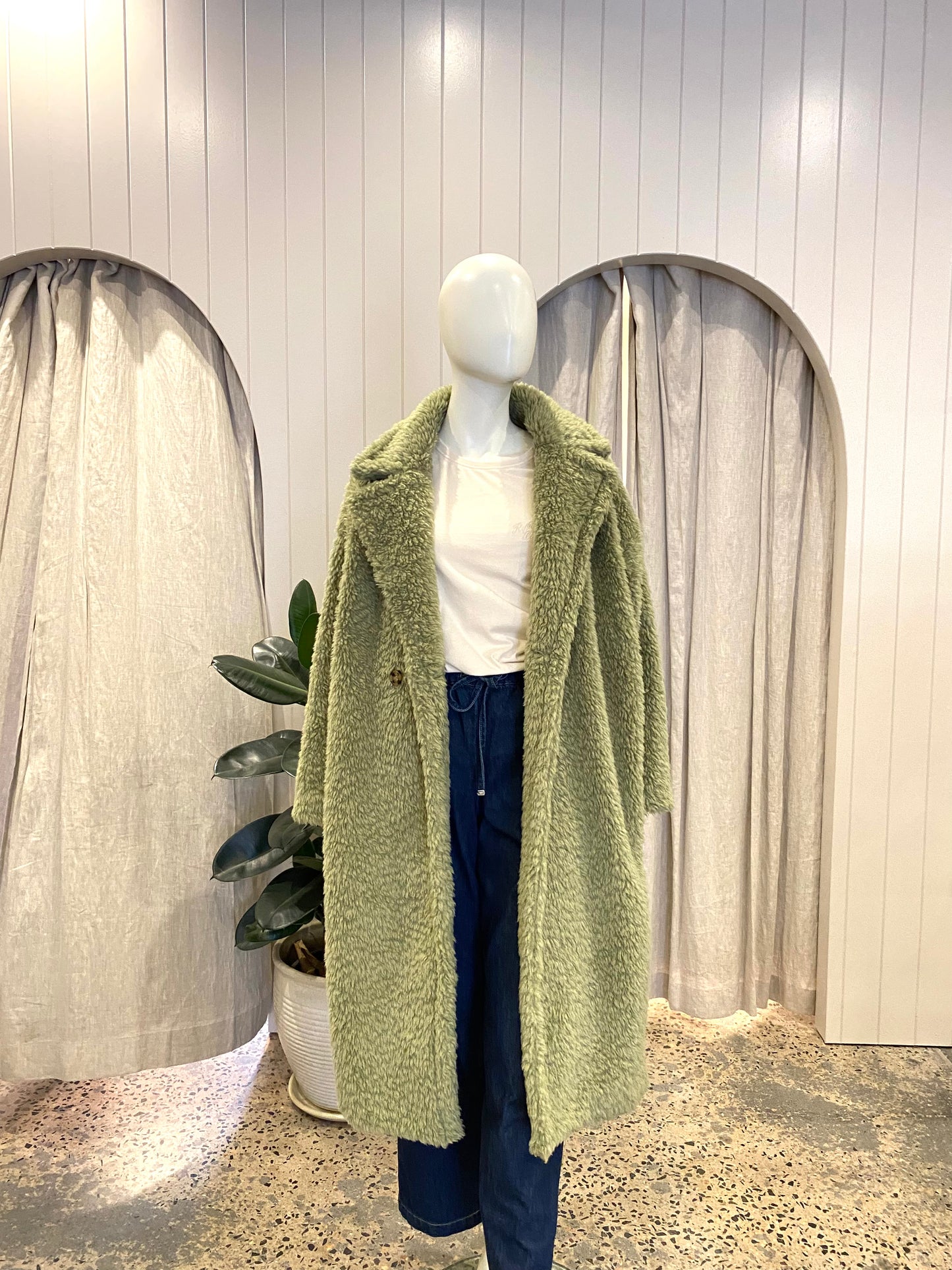 M.A Dainty Long Teddy Coat in Sage Green - Size S/M (10-14)