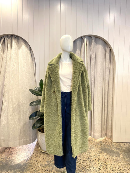 M.A Dainty Long Teddy Coat in Sage Green - Size S/M (10-14)