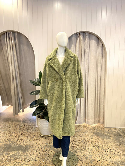 M.A Dainty Long Teddy Coat in Sage Green - Size S/M (10-14)