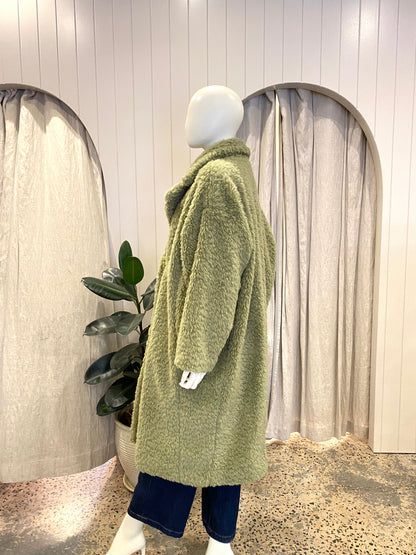 M.A Dainty Long Teddy Coat in Sage Green - Size S/M (10-14)