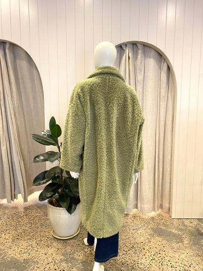 M.A Dainty Long Teddy Coat in Sage Green - Size S/M (10-14)