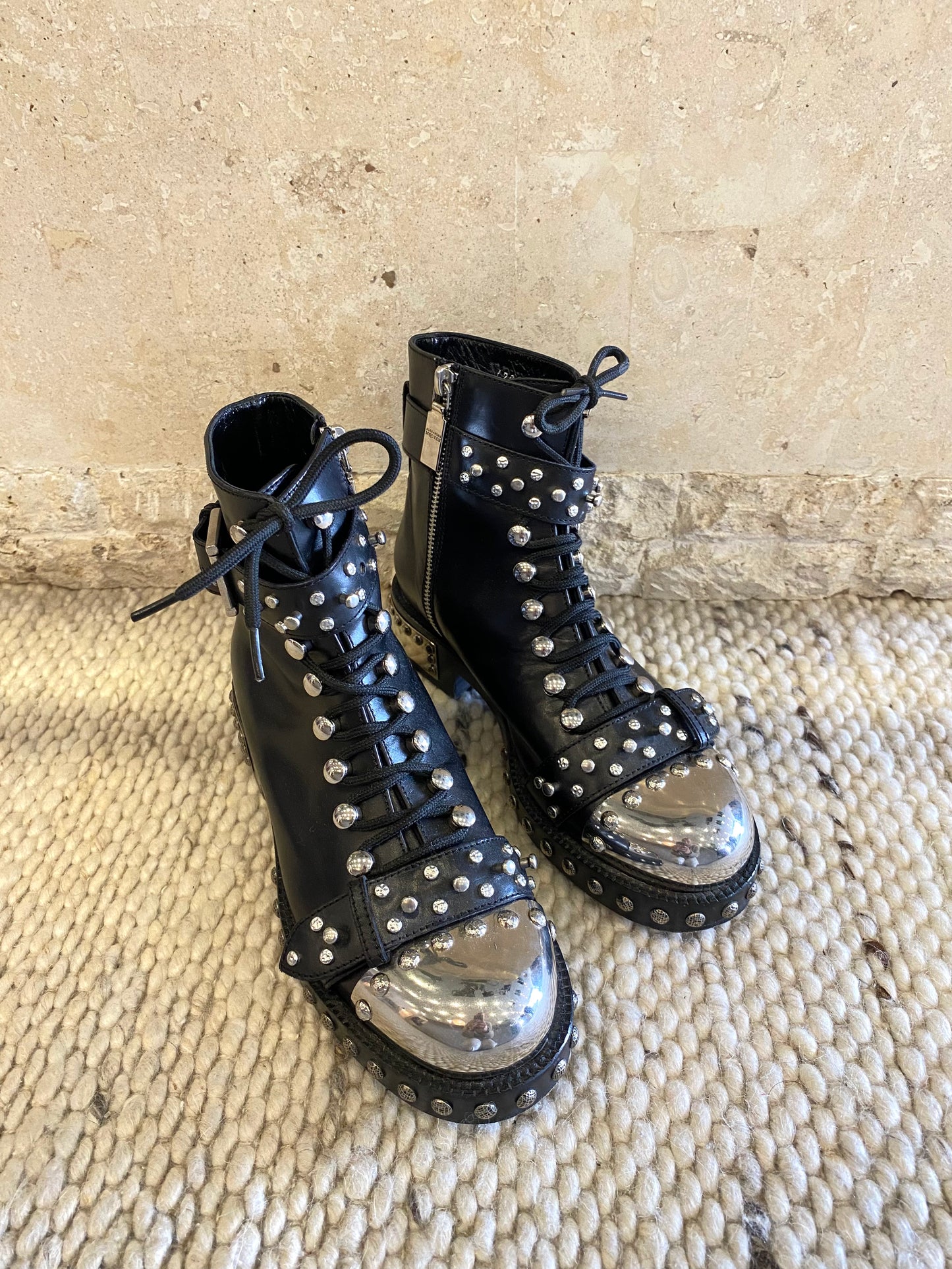 Alexander McQueen Hobnail Studded Combat Boots in Black - Size 37