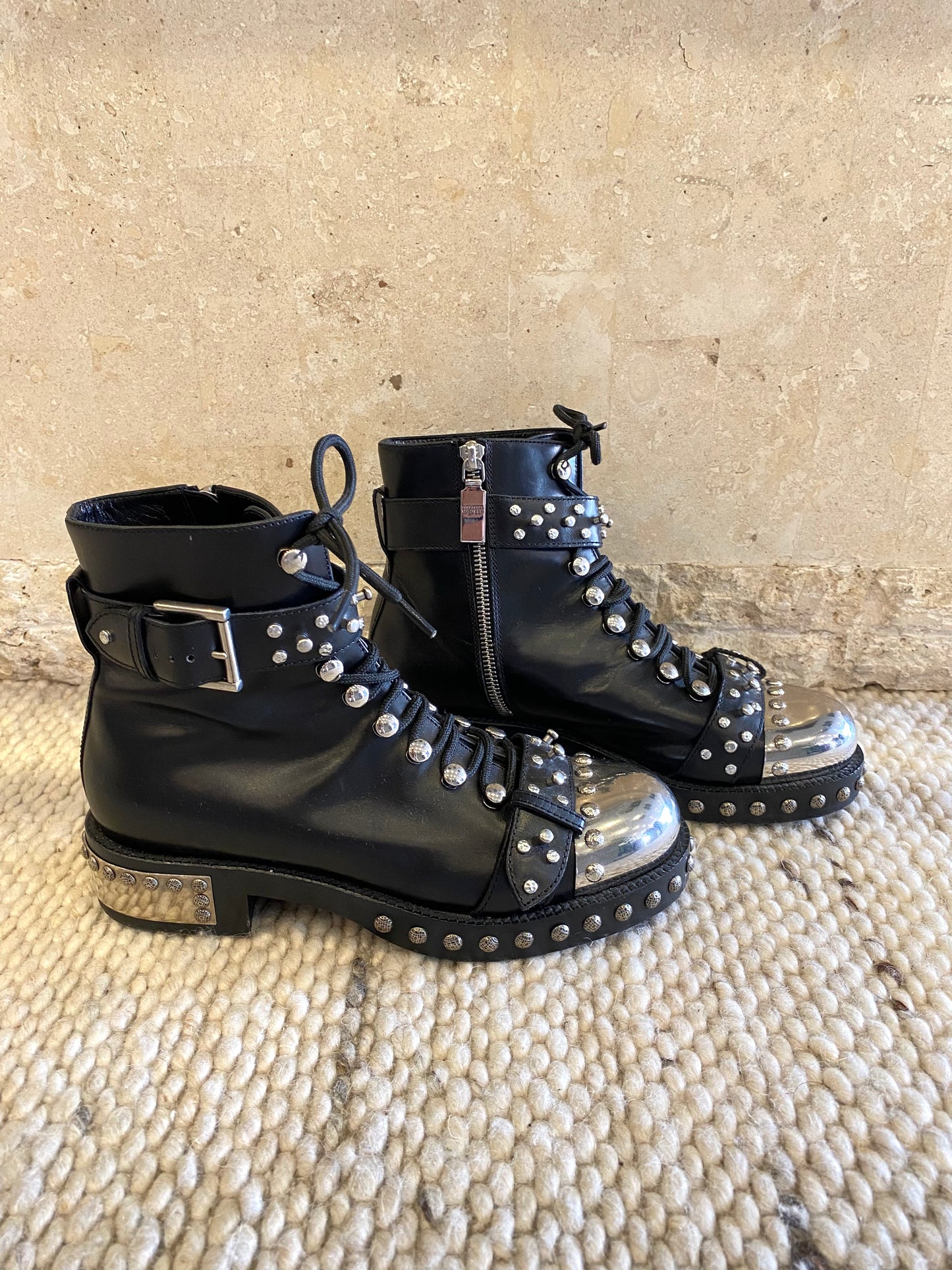 Alexander McQueen Hobnail Studded Combat Boots in Black - Size 37