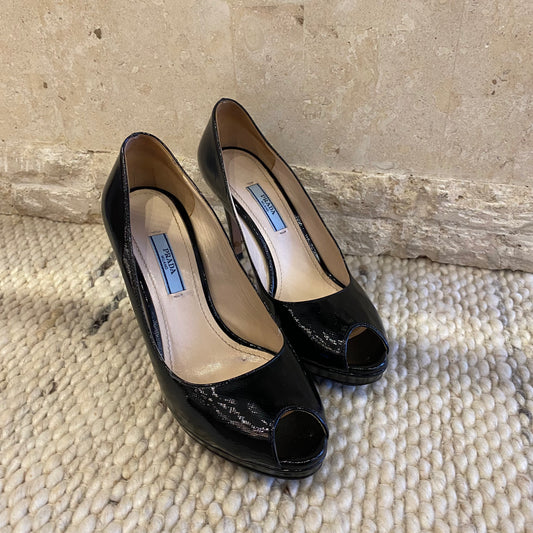 Prada Black Vernice Saffiano Platform Pumps - Size 37