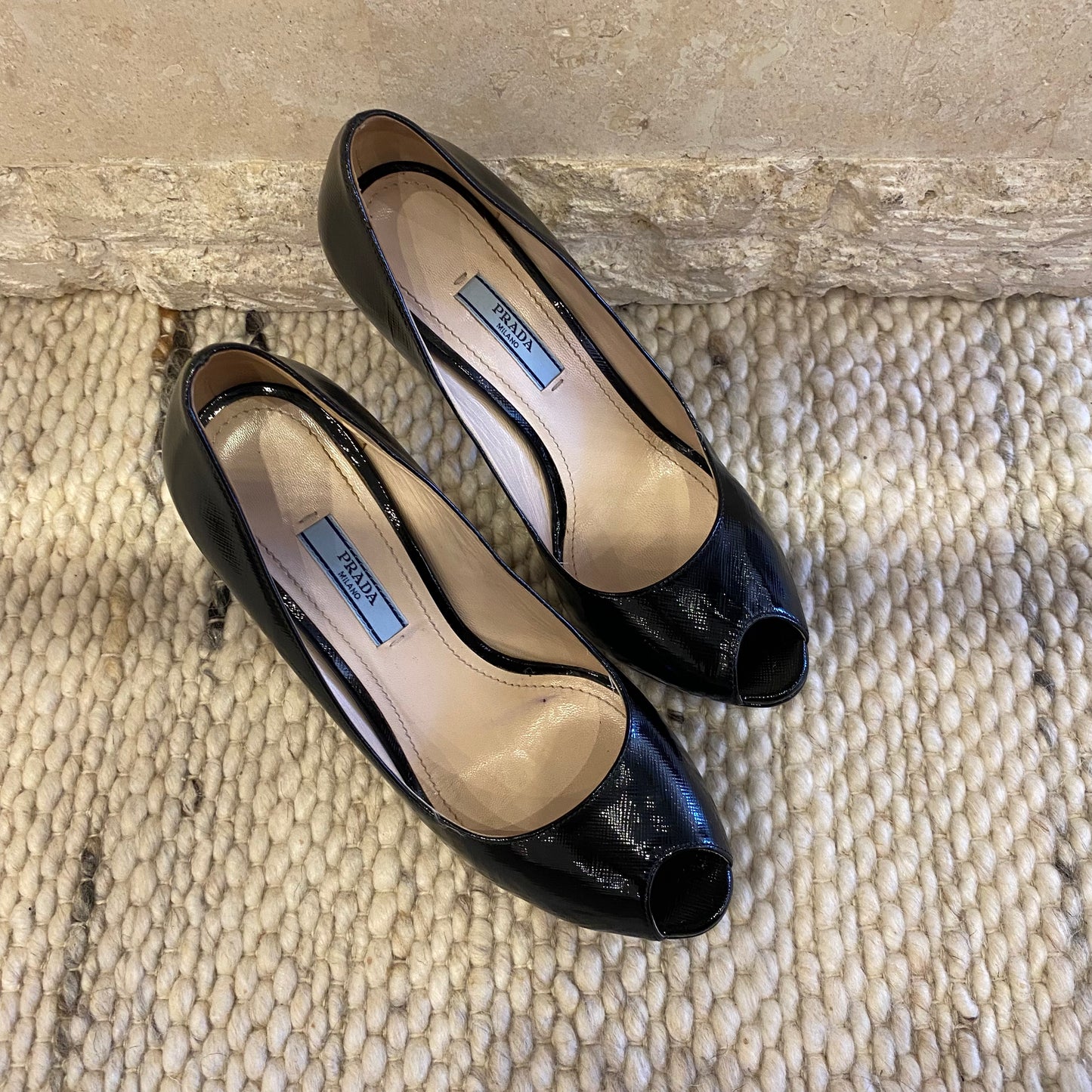 Prada Black Vernice Saffiano Platform Pumps - Size 37