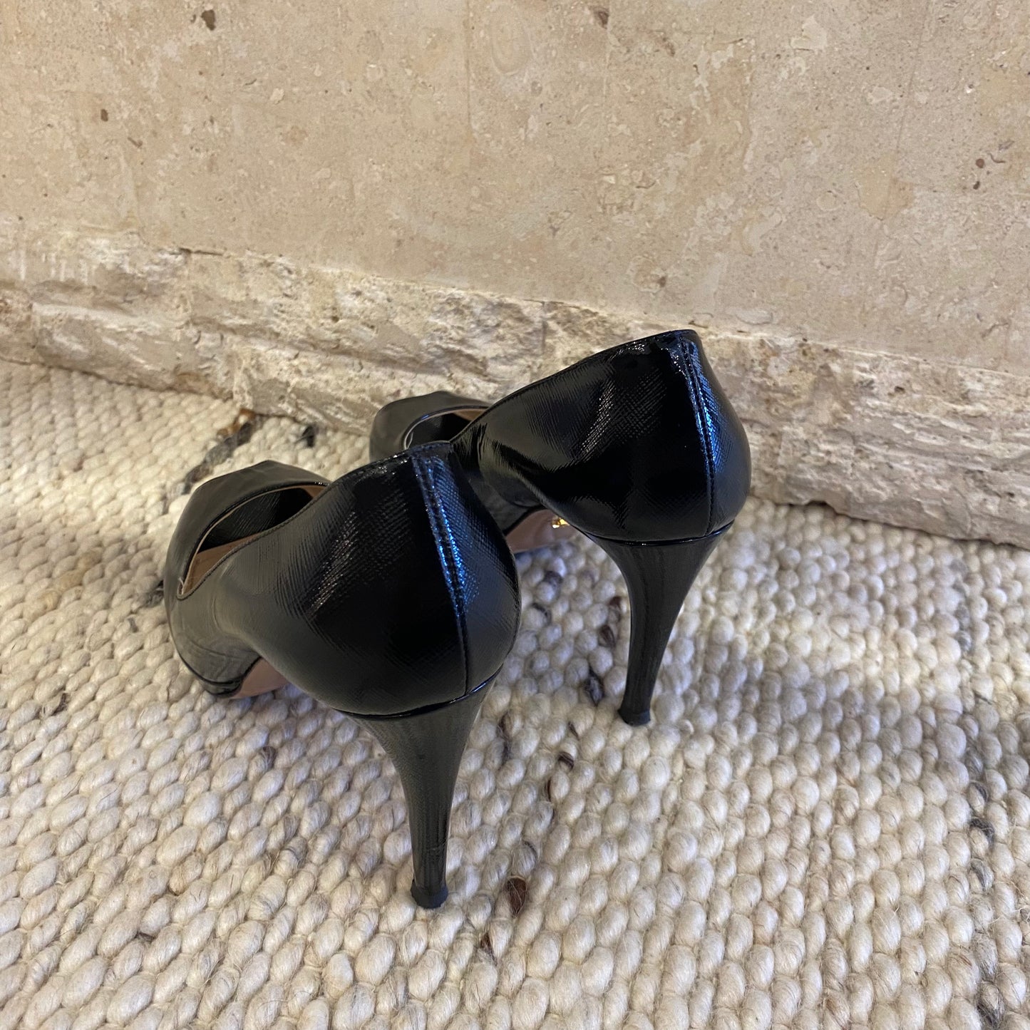Prada Black Vernice Saffiano Platform Pumps - Size 37