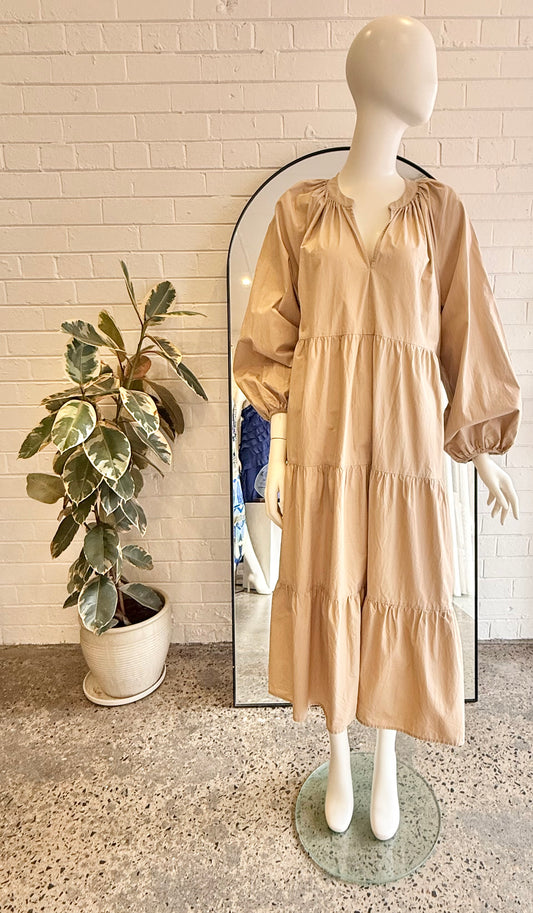 Country Road Camel Cotton Tiered Midi Dress - Size 14