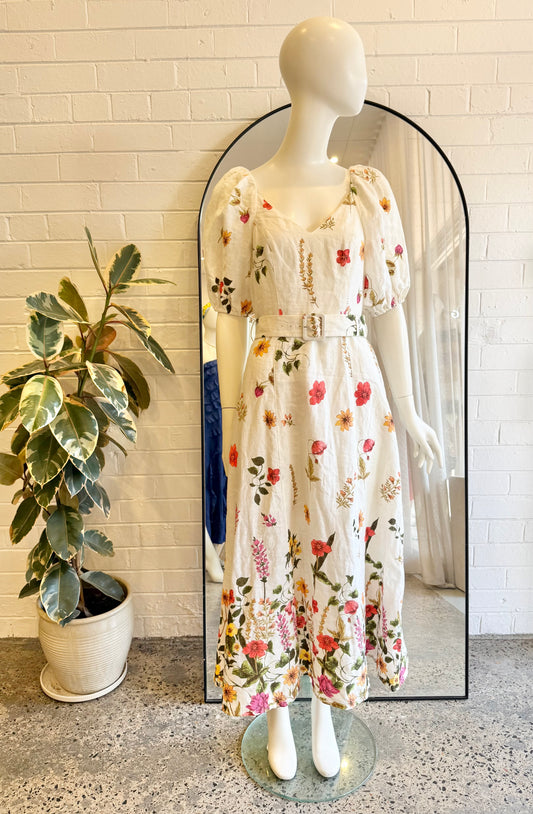 And Other Stories White Floral Linen Puff Sleeve Midi Dress - Size 36 (8)