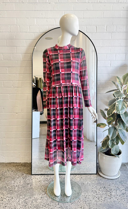 Kuwaii Burgundy Plaid Mesh Dress - Size 10