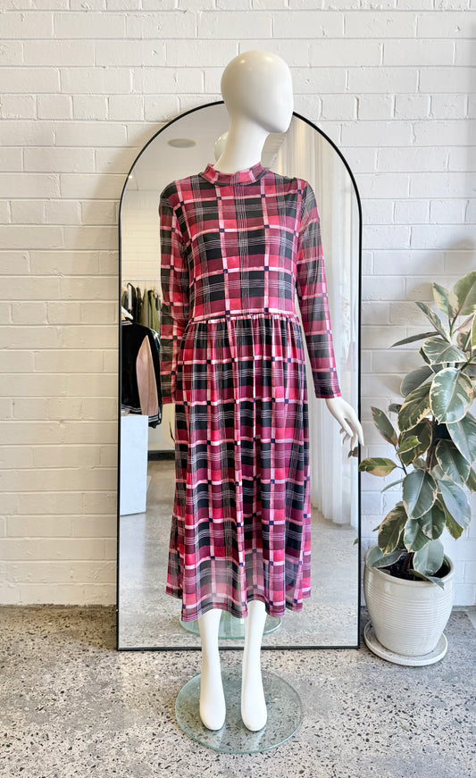 Kuwaii Burgundy Plaid Mesh Dress - Size 10