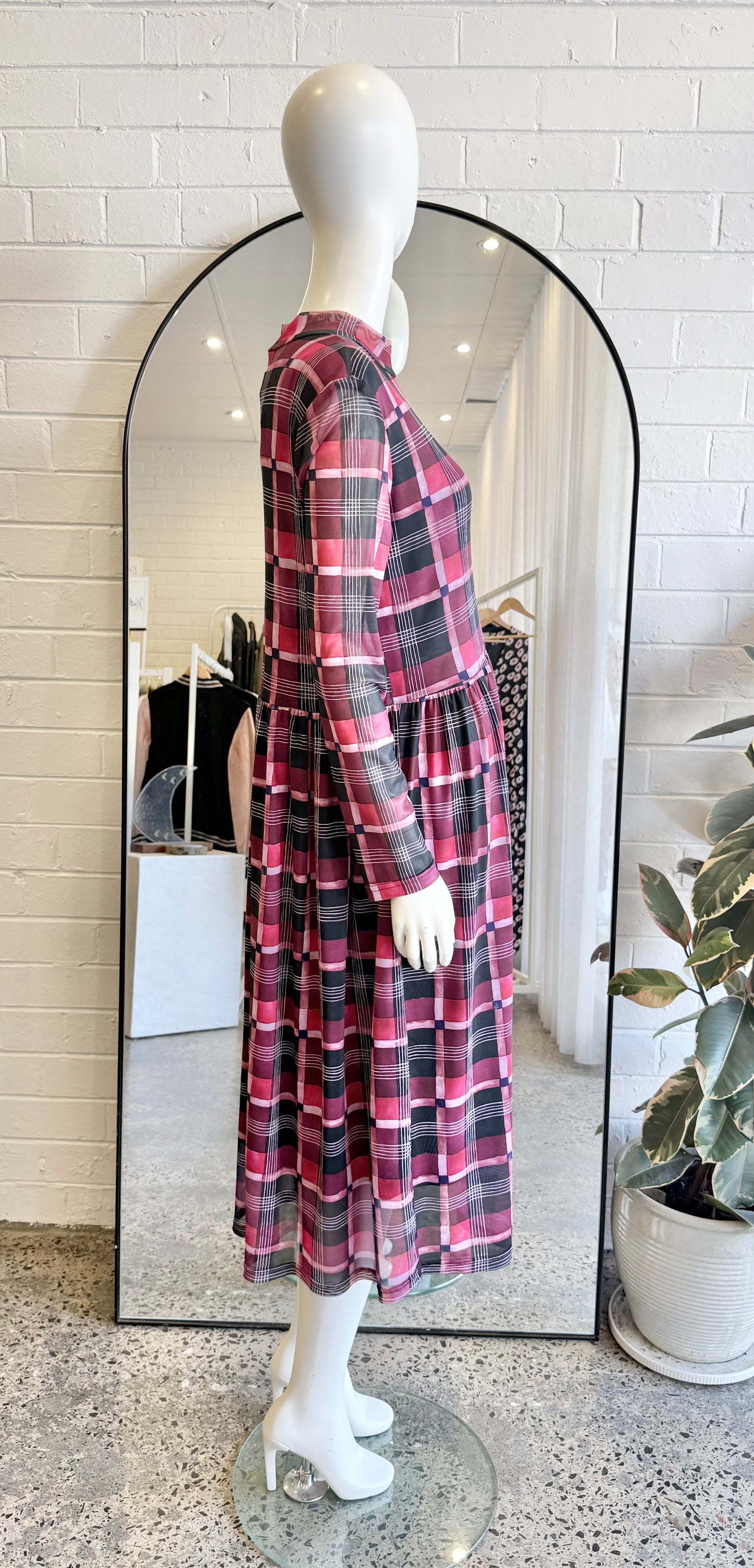 Kuwaii Burgundy Plaid Mesh Dress - Size 10