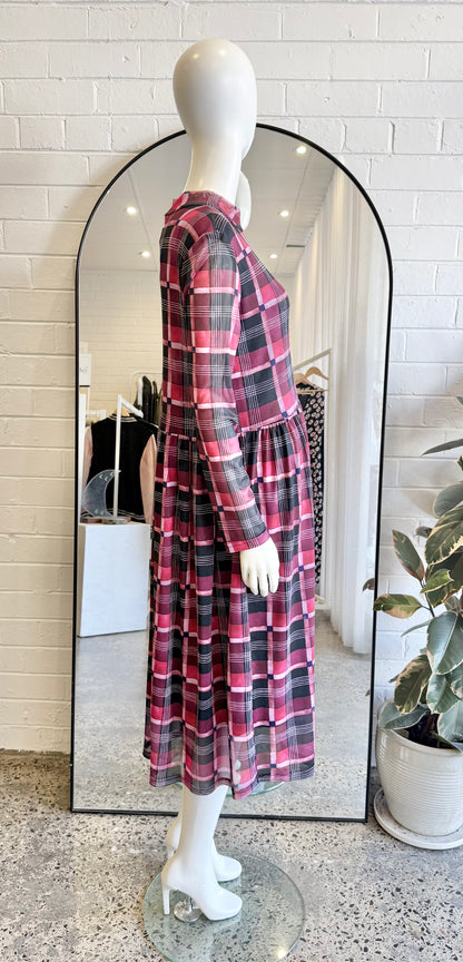 Kuwaii Burgundy Plaid Mesh Dress - Size 10