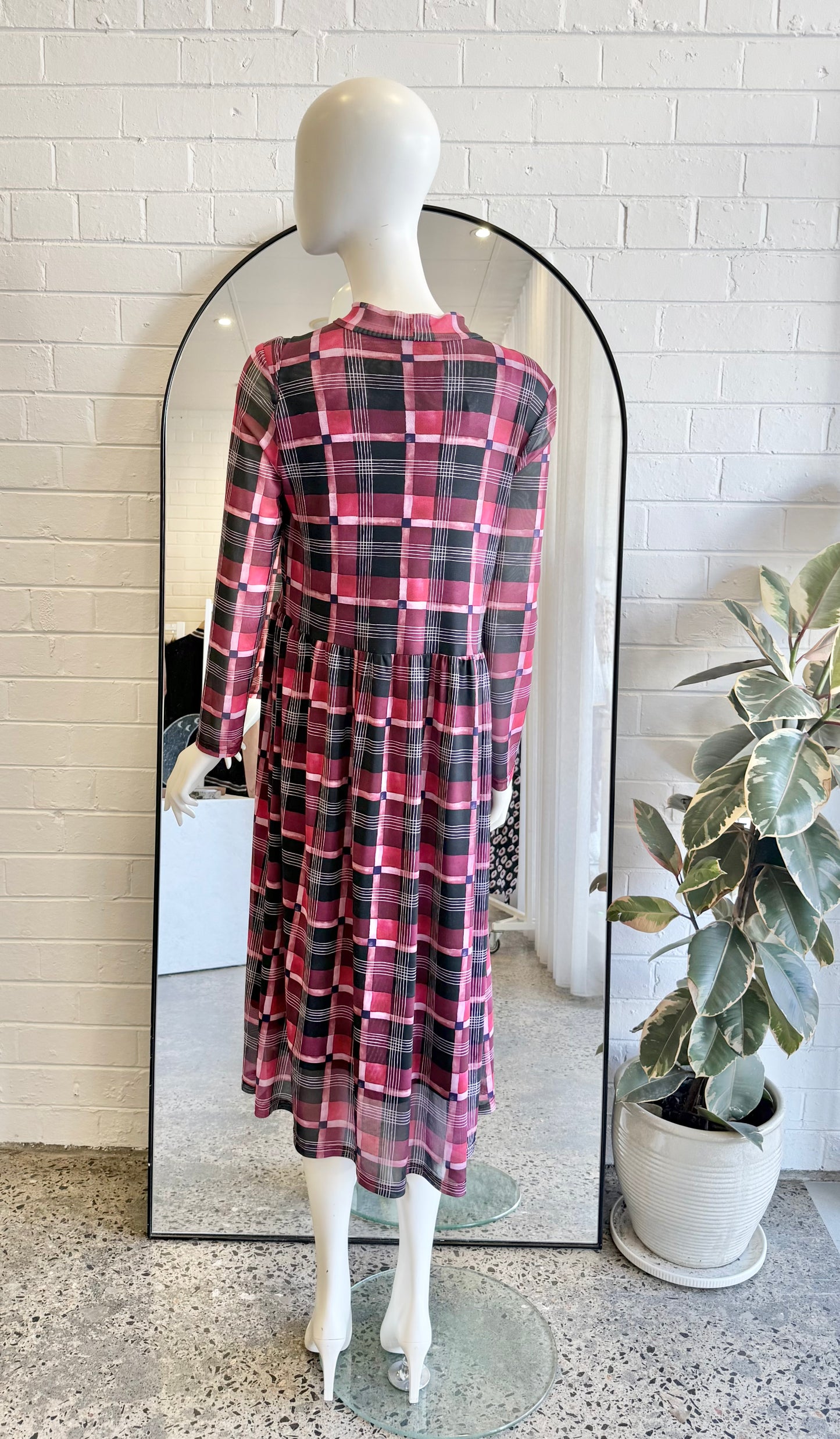 Kuwaii Burgundy Plaid Mesh Dress - Size 10