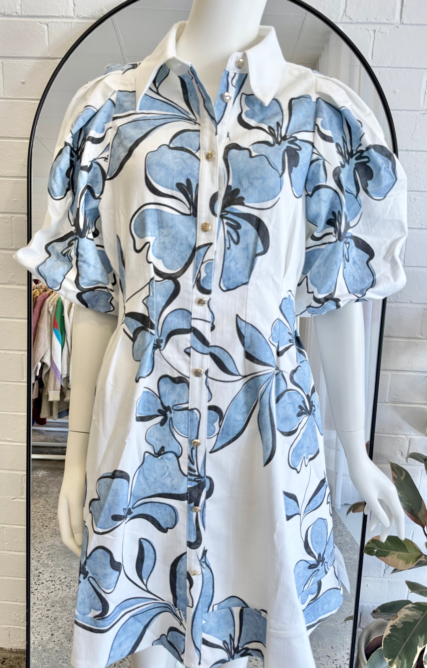 Sheike 'Hibiscus' Mini Dress in Blue/White - Size 14