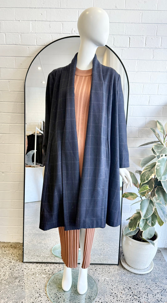 Alpha 60 Navy Check Wool Blend Coat - Size L