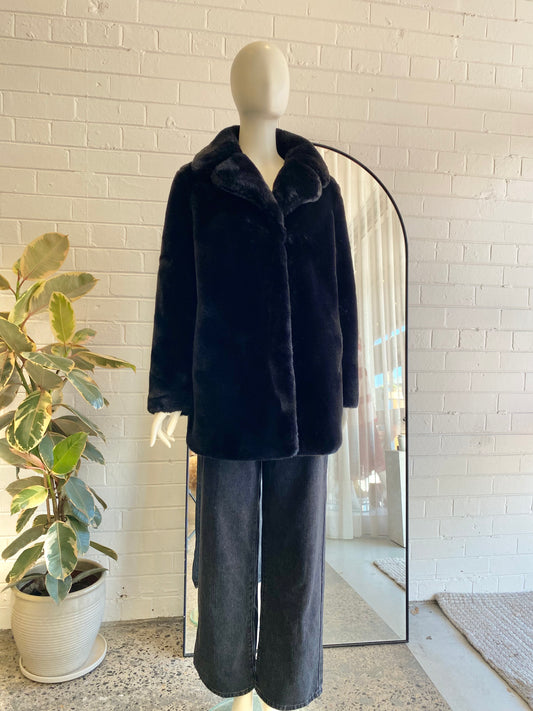 Ena Pelly Black Minimalist Faux Fur Jacket - Size 12