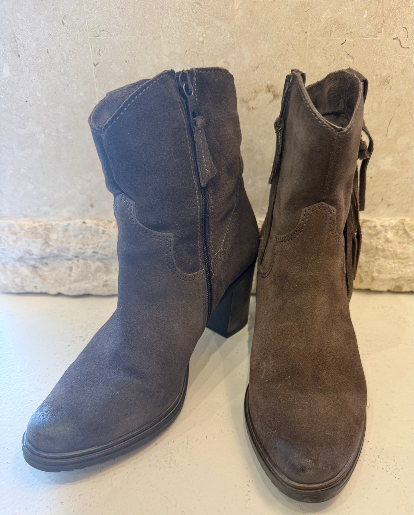 Miz Mooz NYC Charcoal Suede Fringed Boots - Size 37