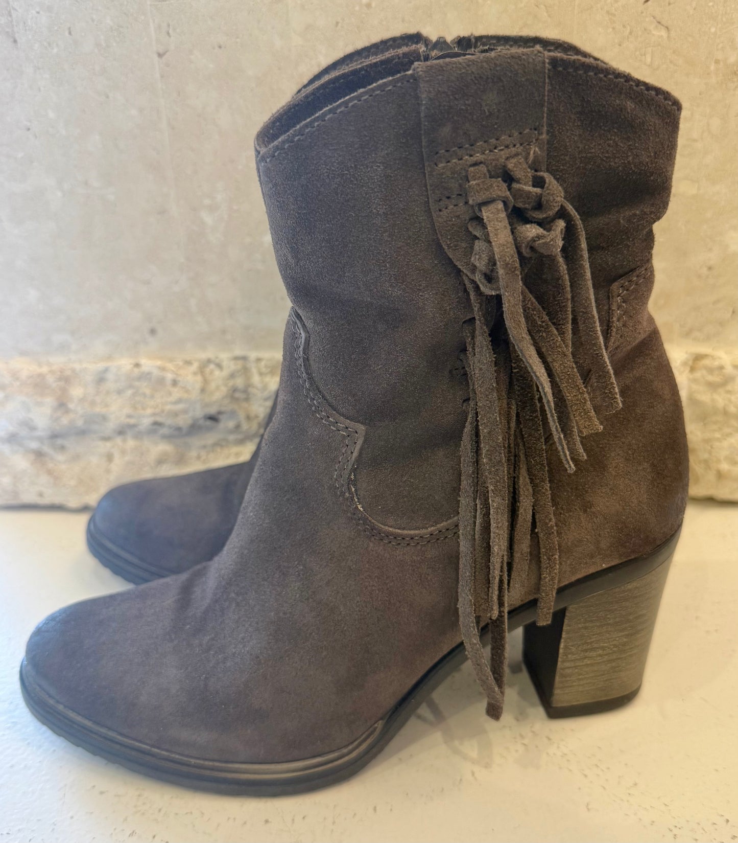 Miz Mooz NYC Charcoal Suede Fringed Boots - Size 37