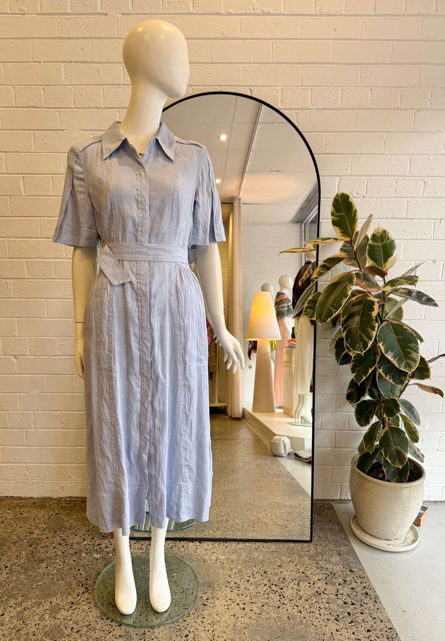 Country Road Sky Linen Blend Cinched Shirt Dress - Size 12