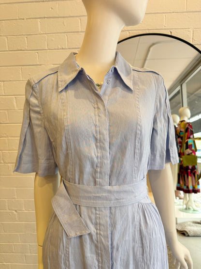 Country Road Sky Linen Blend Cinched Shirt Dress - Size 12