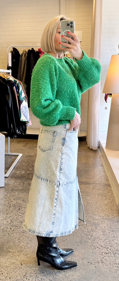 Ena Pelly Acid Wash Denim Midi Skirt - Size 10