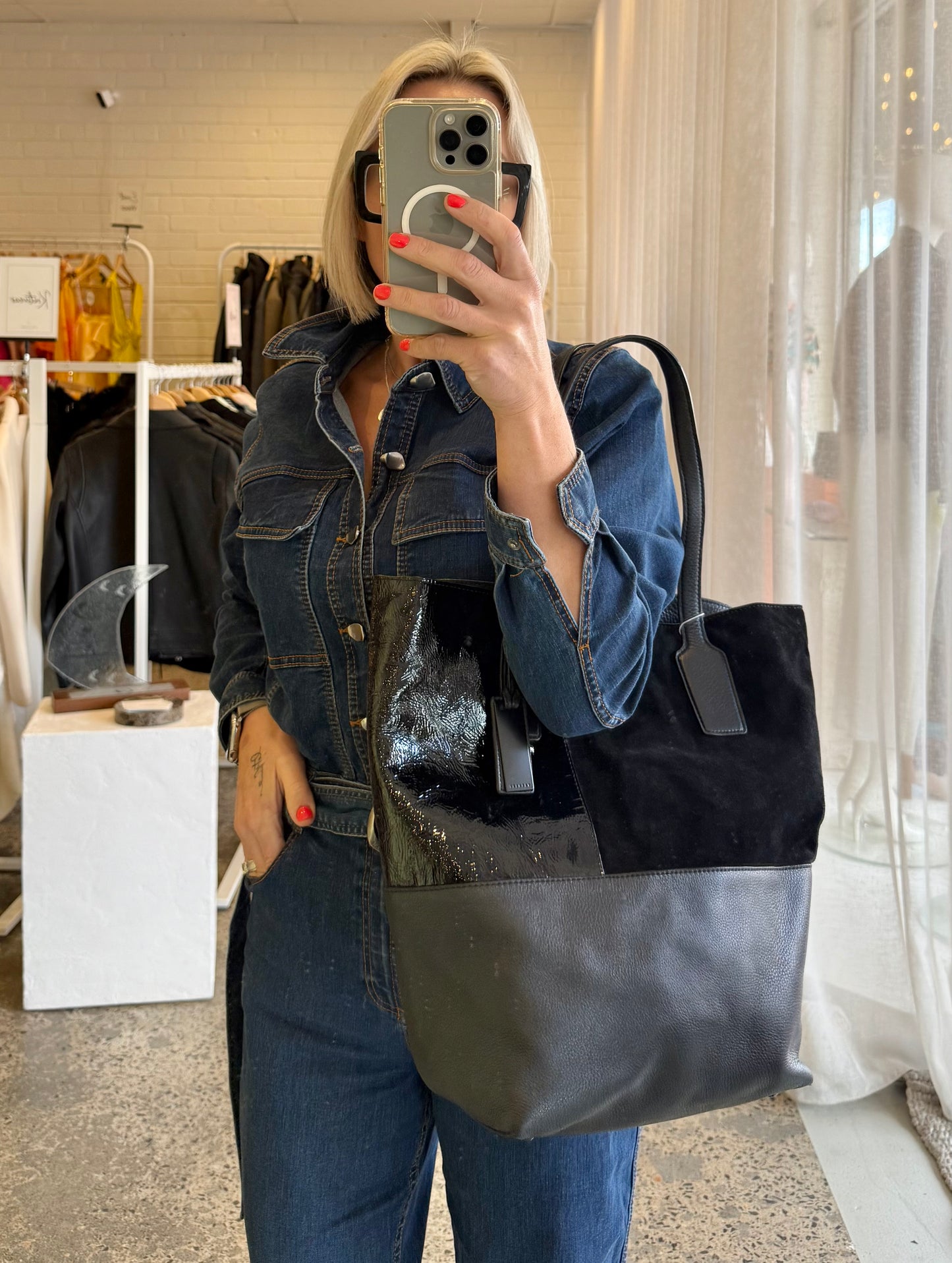 Trenery Black Leather Tote Bag