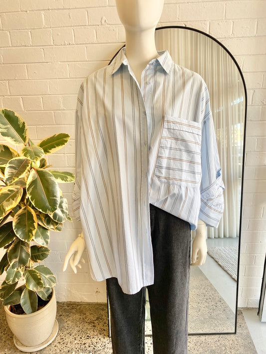 Rabens Saloner Blue Stripe Oversized Shirt - Size XS/S