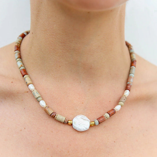 Kingston Brown Shoushan Stone & Keshi Necklace